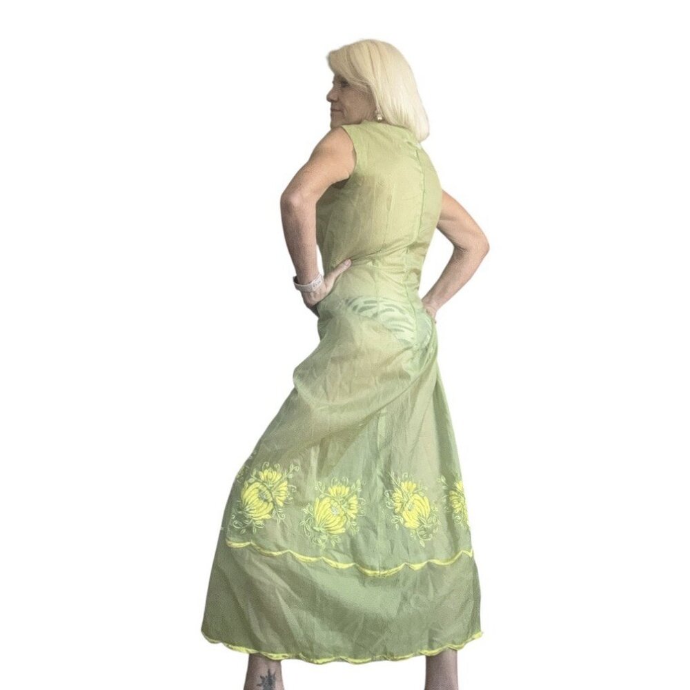 Womans Sheer Sleeveless One Piece Maxi Dress Green with Embroidered Flowers Sz M - Picture 2 of 5